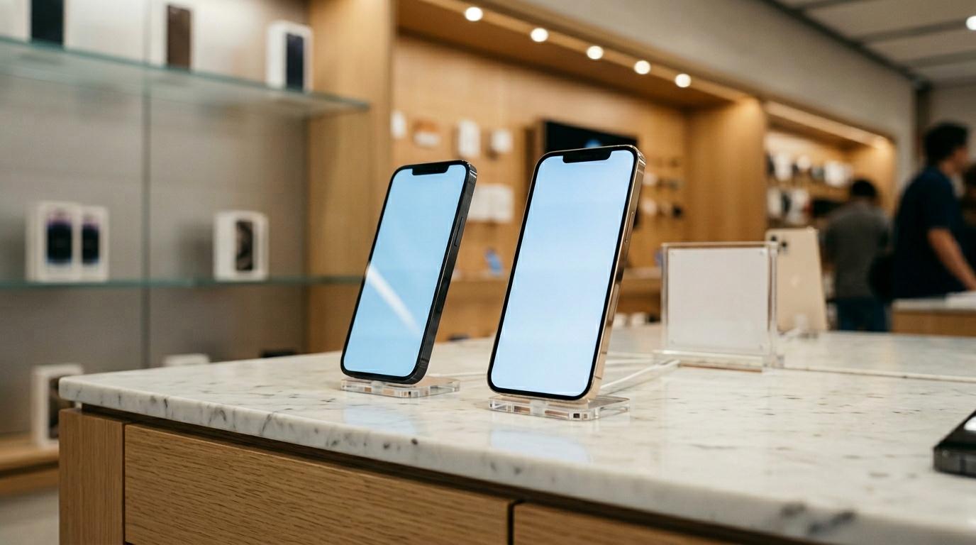 Deux smartphones affichés sur un comptoir de magasin