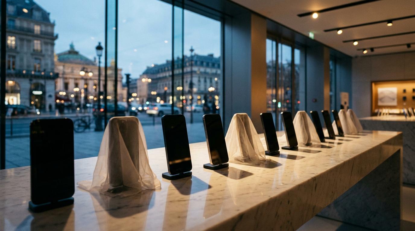 Téléphones exposés sur comptoir avec vue Paris illuminée