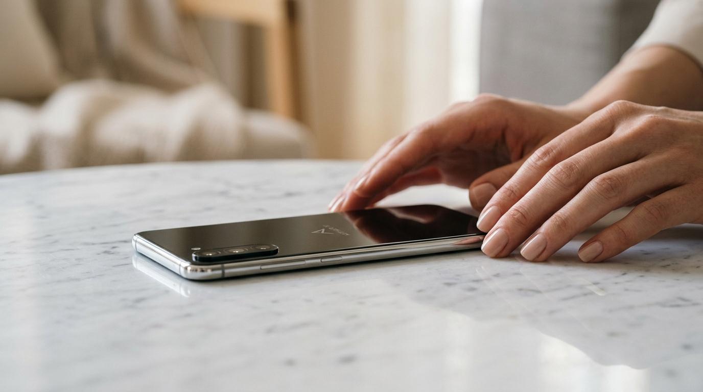 Personne touchant écran smartphone sur surface marbre
