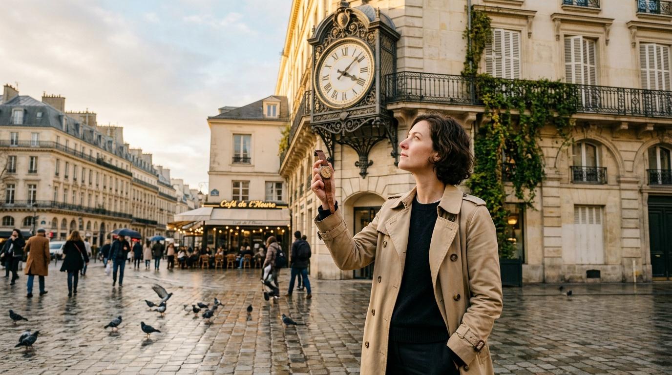 Femme prenant selfie devant horloge parisienne historique