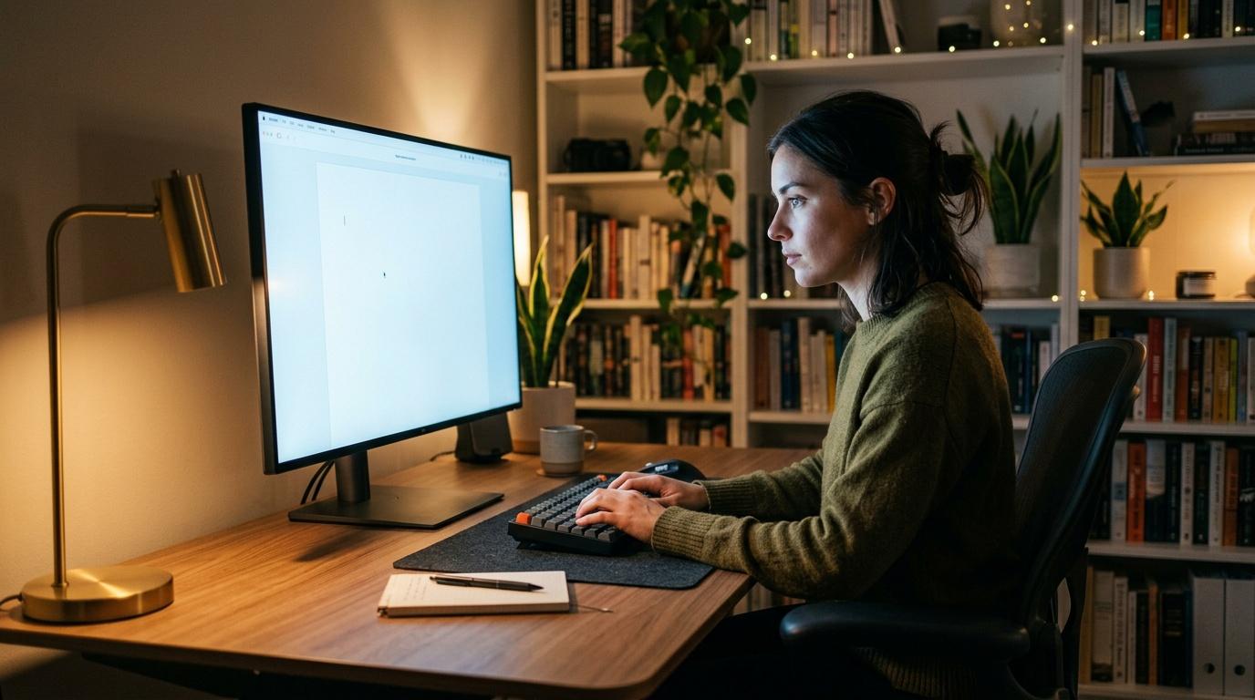 Femme travaillant sur ordinateur dans un bureau élégant