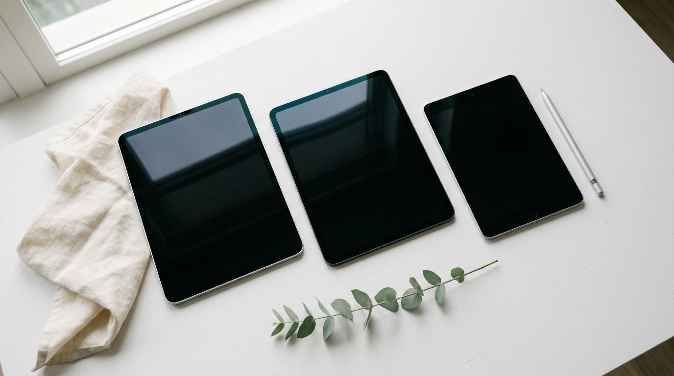 Trois tablettes écran noir alignées sur surface blanche
